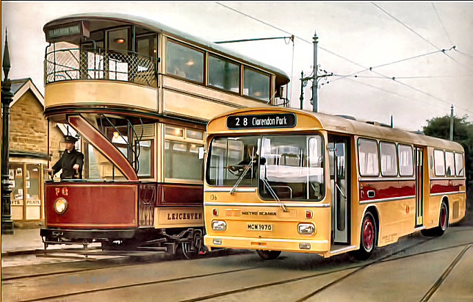 Leicester City Transport: Scania/MCW 136 when new; Tram 78 when old; from a postcard produced by LCT