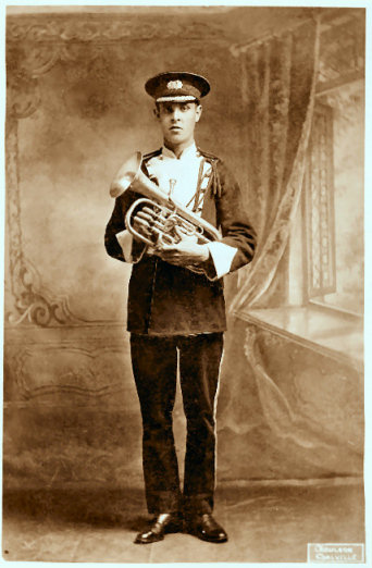 Harry Holt, in the Snibston Colliery Band, we think
			c.1910-12, or just before the Great War.